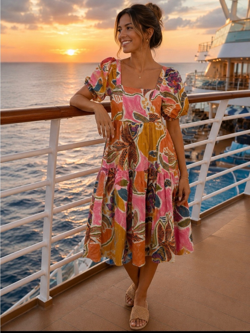 Tropical Floral‎ Puff Sleeve Midi Dress Square Neck Smocked Back Multi Color L